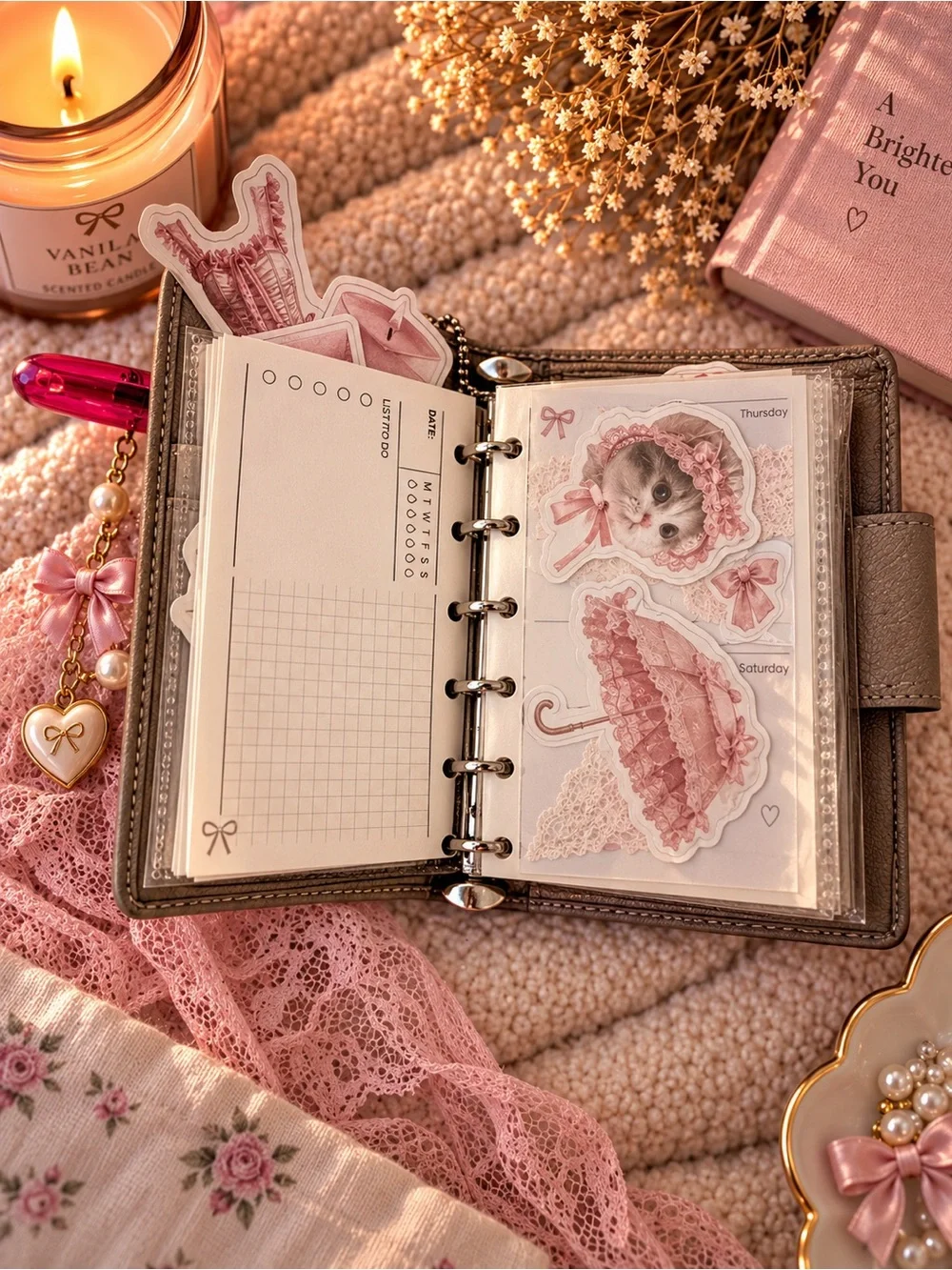 Coach Taupe Leather Card Holder with Pink Bow Charm and Hot Pink Pen